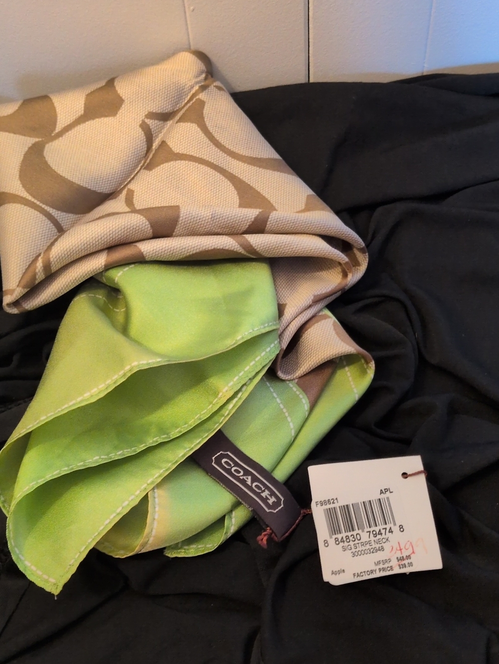 Coach Silk Reversible Green and Tan Signature Scarf